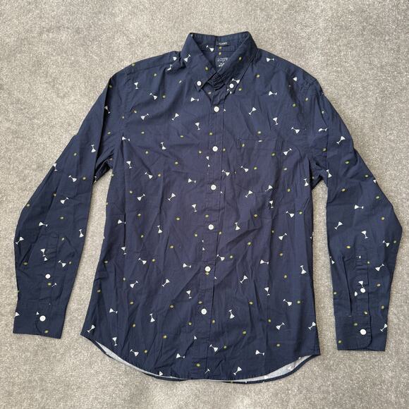 J. Crew Other - J Crew Shirt Mens Medium Blue Martini Glass Olive Print Long Sleeve Classic Fit